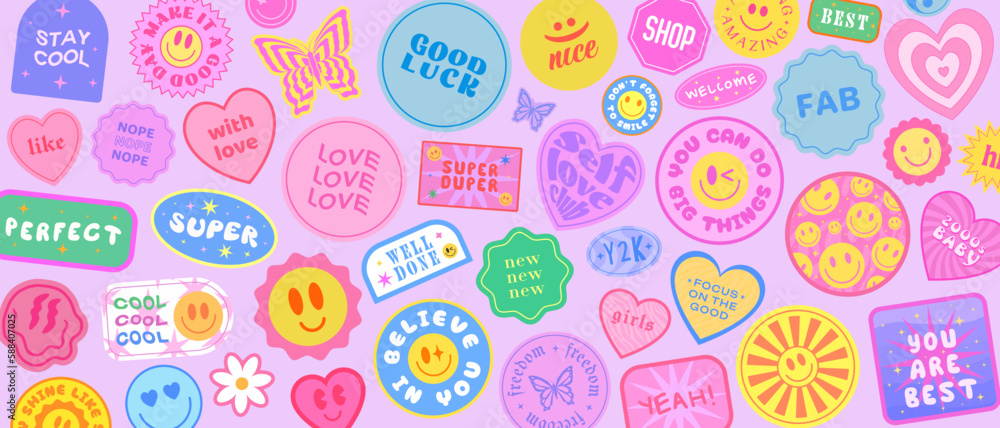 Aufkleber Cool Groovy Stickers Background. Y2k Patches Collage. Pop Art Illustration Vector Design. Funky Pattern.