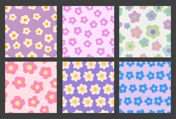 Cool Groovy Flower Seamless Pattern Set. Vector Floral Repeat Texture. Y2k Background.