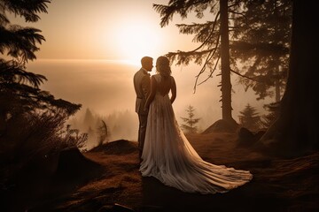 Wedding silhouette couple posing on sunset in beautiful forest at wedding day. Bride and groom in love. Non-existent person. Generative Ai.