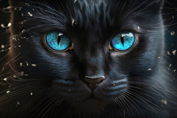 portrait of a black cat with blue eyes. isolated on black background. Generative AI