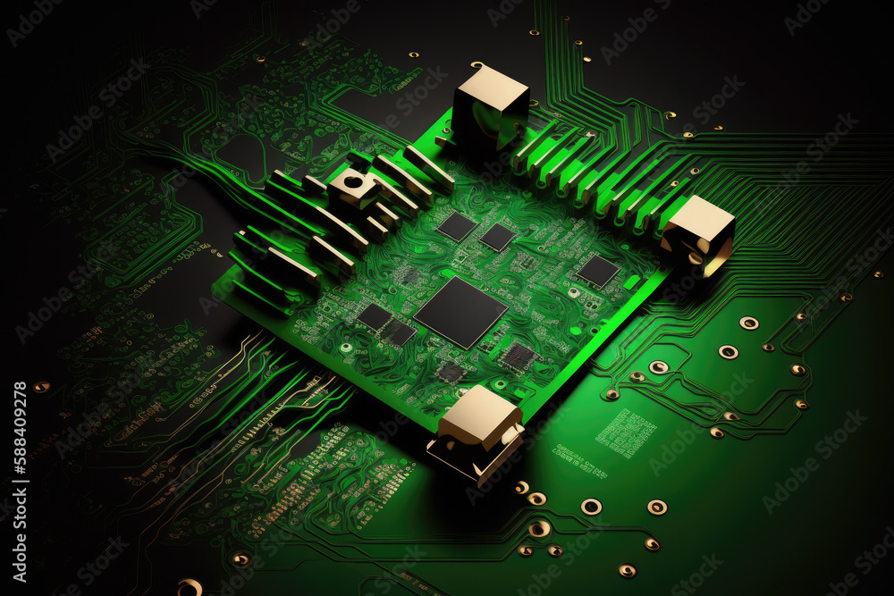 Aufkleber electronic green circuit board with computer chips. generative ai