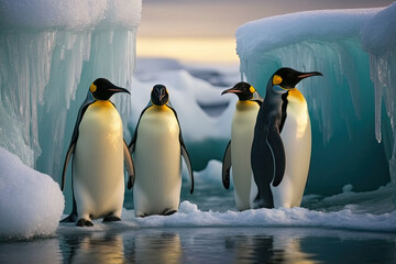 Obraz premium Emperor penguins in Antarctica on an ice floe. Generative AI