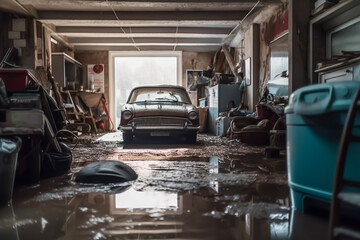 Fototapeta na wymiar Interior of garage damaged by a flood water full of goods, generative ai
