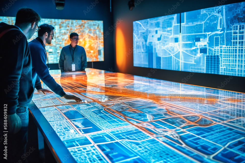 Poster professionals discuss infrastructure insights using a large display, leveraging advanced technology 