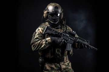 Special Forces Military Unit in Full Tactical Gear posing, on a black background, soldier