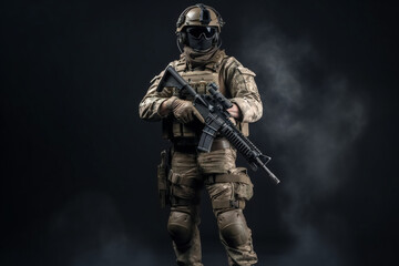 Naklejka premium Special Forces Military Unit in Full Tactical Gear posing, on a black background and smoke, soldier