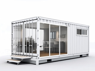 Illustration of a small house built from recycled shipping containers. Painted in white to reduce the rate of heat conductivity into the house. The house is equipped with furniture and utility service