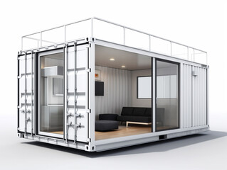 Illustration of a small house built from recycled shipping containers. Painted in white to reduce the rate of heat conductivity into the house. The house is equipped with furniture and utility service