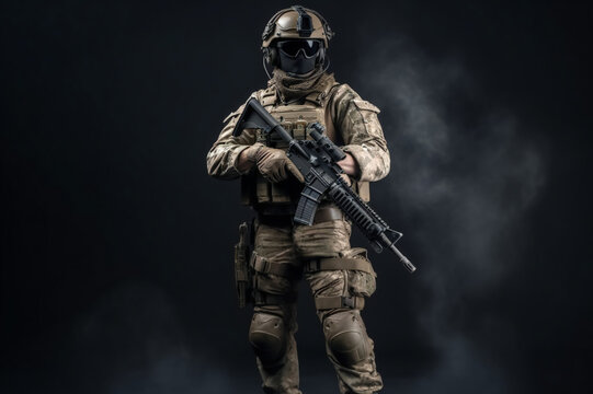 Special Forces Military Unit in Full Tactical Gear posing, on a black background and smoke, soldier