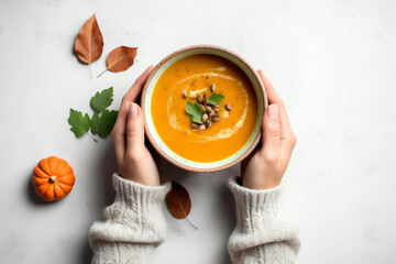 Female hands with bowl of pumpkin soup top view mockup, On grey background. AI Generated