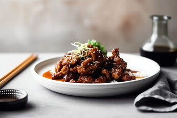 Fried beef with oyster sauce mockup, On white table, Grey background, AI Generated