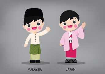 Malaysia and Japan international characters in   traditional costume vector