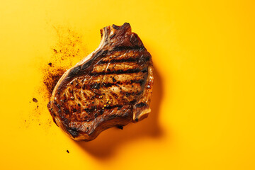 Top view, Grilled BBQ T-Bone Steak yellow background mockup, AI Generated