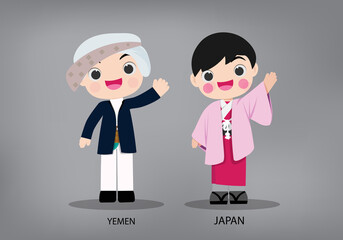 Obraz na płótnie Canvas Yemen and Japan international characters in traditional costume vector