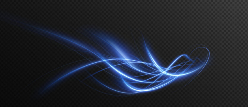 Luminous blue wavy line png of light on a transparent background. Neon light, electric light, light effect png. Curve blue line png for games, video, photo, callout, HUD. 