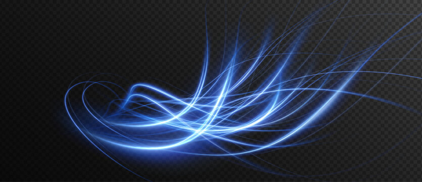Luminous blue wavy line png of light on a transparent background. Neon light, electric light, light effect png. Curve blue line png for games, video, photo, callout, HUD. 