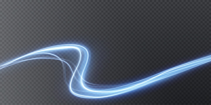 Luminous blue lines png of speed. Light glowing effect png. Abstract motion lines. Light trail wave, fire path trace line, car lights, optic fiber and incandescence curve twirl	