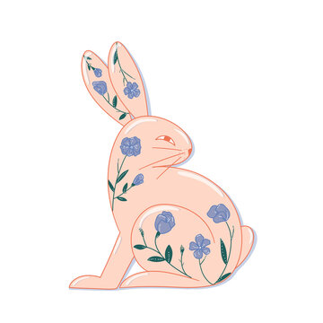 Hand painted rabbit with blue flowers isolated on white background. Icon of folk style. Holiday symbol illustration for design.