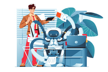 Robot helps human to do work, vector illustration.