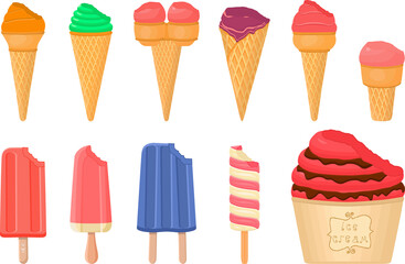 big kit ice cream popsicle different types in cone waffle cup