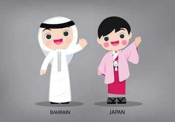 Bahrain and Laos international characters in   traditional costume vector