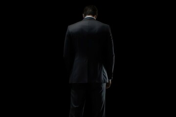 Fototapeta na wymiar Businessman in Black Suit: Confident Male Standing on Dark Background with Copy Space for Business Use