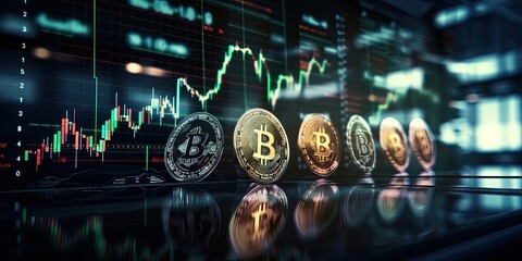  stock market with digital currencies with red and green charts, rising and falling stock market bitcoin crypto prices by ai generative