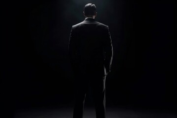 Businessman in Black Suit: Confident Male Standing on Dark Background with Copy Space for Business Use