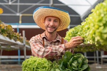 Farmer harvesting vegetable from hydroponics farm. Organic fresh vegetable, Farmer working with hydroponic vegetables garden at greenhouse