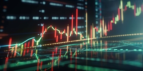  stock market with digital currencies with red and green charts, rising and falling stock market bitcoin crypto prices by ai generative