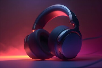Fototapeta na wymiar 3D Render of Black Headphones with Glowing Red Background