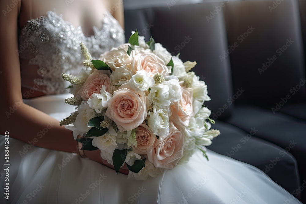 Wall mural Bride holding her wedding bouquet. wedding bouquet in bride's hands. Generative Ai.