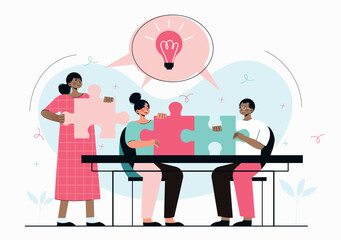 Team innovation concept. Man and woman with puzzles sitting at table. Teamwork and partnership, colleagues. Creative personalities. Poster or banner for website. Cartoon flat vector illustration