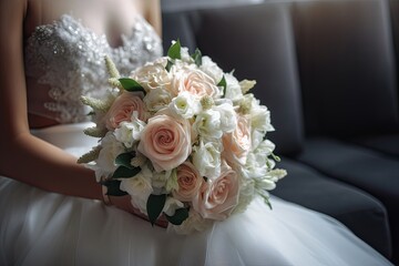 Bride holding her wedding bouquet. wedding bouquet in bride's hands. Generative Ai.