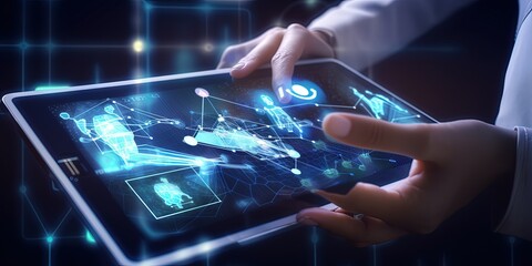 Fototapeta premium Medicine doctor touching electronic medical record on tablet. DNA. Digital healthcare and network connection by ai generative