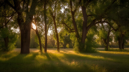 Fototapeta na wymiar Sunny landscape, grass and trees, Generative AI