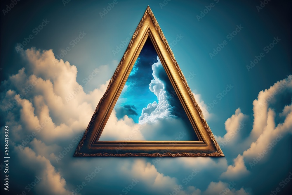 Poster frame made with covered white cloud in the sky in triangle shape. concept of luxurious fantasy windo