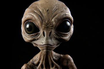 closeup of a small alien, grey alien with big eyes, baby alien, generative ai