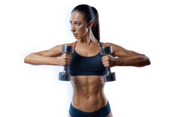 Exercising with dumbbells. Attractive girl bodybuilder dumbbells workout. Transparent PNG Studio portrait.