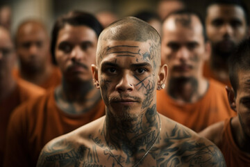 group of tattooed convicts looking at camera, AI generated image - obrazy, fototapety, plakaty