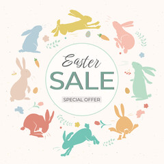 Easter sale banner, background. Template with rabbits for design poster, banner, invitation, voucher. Promo discount season offer.