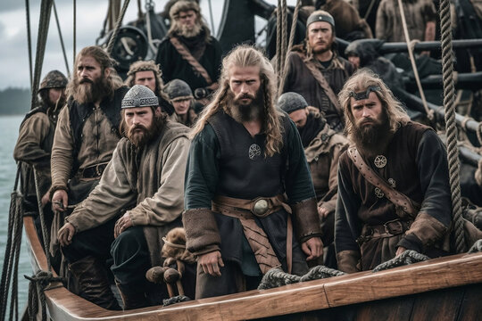 A group of Vikings on their ship ready to land and invade England. AI generated image