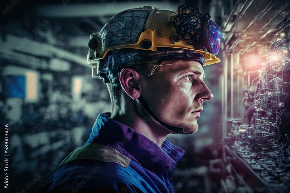 Poster technological engineer portrait ensuring high-quality and precise production quota on factory assemb