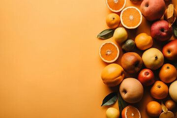 Creative layout made of apple, orange and tangerine on the orange background. Flat lay. Food concept. Macro concept. Natural, eco, organic ingredients.