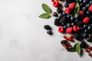 Сranberries, raspberries, blackberries, blueberries and green leaves on a white background. Top view, berries flat lay. Natural ingredients.