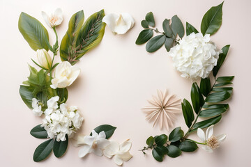 Fototapeta premium Flowers composition. Round floral frame made of flowers, petals and leaves on white background. Flat lay, top view. Natural, eco, organic ingredients.