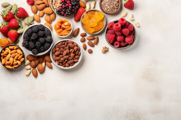 Fruits, berries and nuts are laid out on the table top view. White background, flat lay. Natural ingredients.