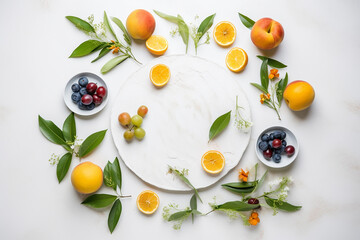 Fruits, berries and green leaves arranged in a white circle on a white background. Top view, flat lay. Healthly food. Natural, eco, organic ingredients.
