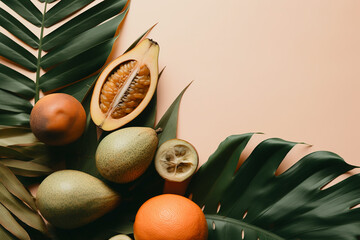 Tropical fruits and palm leaves lie on a pink background. Top view, flat lay. Natural, eco, organic ingredients.