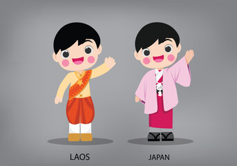 Obraz na płótnie Canvas Laos and Japan international characters in traditional costume vector
